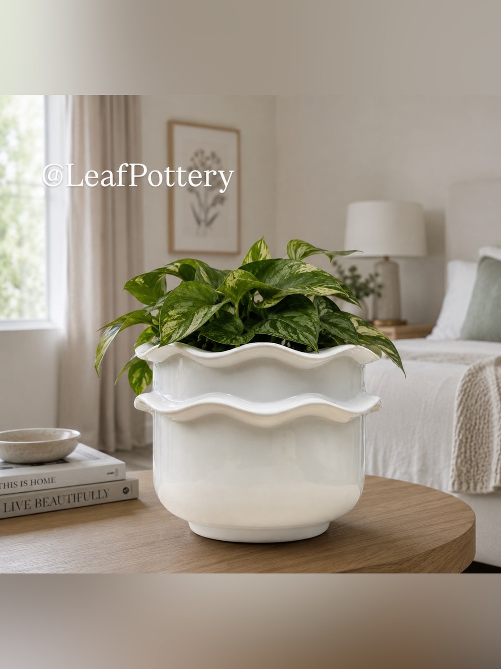 Scalloped Ceramic Planter with Drainage Hole, Small White Plant Pot 4.5 Inch